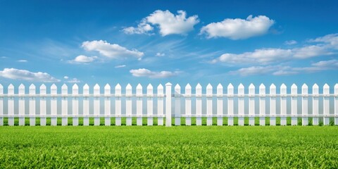 White picket fence against a bright blue sky with fluffy clouds and green grass below.