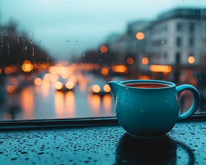 Rainy Night View, Teal Pitcher Window
