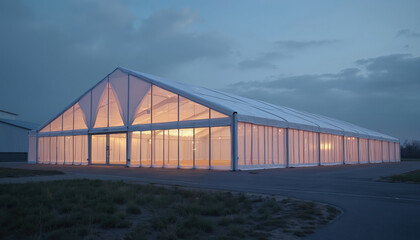 Side view of large industrial tent with PVC fabric. Temporary shelter, construction structure, event cover. Modern design, modular, portable, hard-wearing, weatherproof construction. Evening dusk sky.
