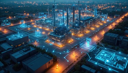 Futuristic industrial tech concept of smart factory. Factory automation, industry 4. 0. Communication network, ai analysis, sensor data, industrial zone. Night view of power plant, modern production,