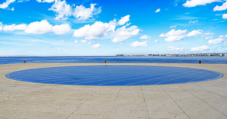 This is the Sun Salutation, a large circular solar-powered installation on the waterfront in Zadar, Croatia, designed to capture solar energy and provide a stunning light display at night.