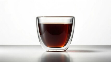 Glass cup filled with dark beverage, set against a minimalistic background.