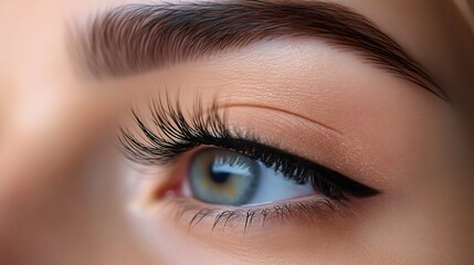 Obraz premium Woman showing long eyelashes and perfect eyebrow makeup