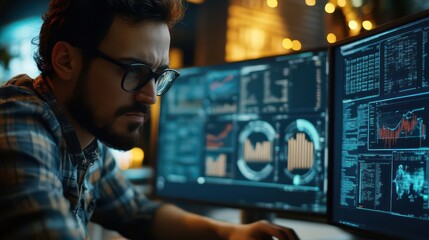 Focused Individual Analyzing Data on Dual Computer Screens 