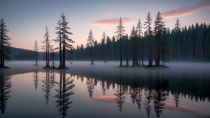 Fototapeta premium A tranquil lake at dawn with perfect mirror-like reflections of pine trees, ultra HD 2