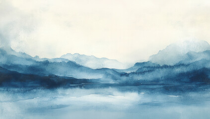 serene watercolor landscape featuring soft blue hues, depicting distant mountains and calm lake. gentle blending of colors creates tranquil atmosphere, inviting reflection and peace