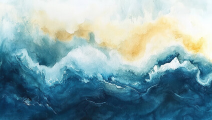 stunning abstract watercolor painting depicting dynamic ocean waves in shades of blue and gold. fluid brushstrokes create sense of movement and tranquility, evoking beauty of nature