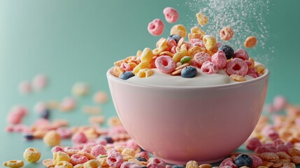 Sweetened colorful cereal falling into pink bowl with yogurt and blueberries