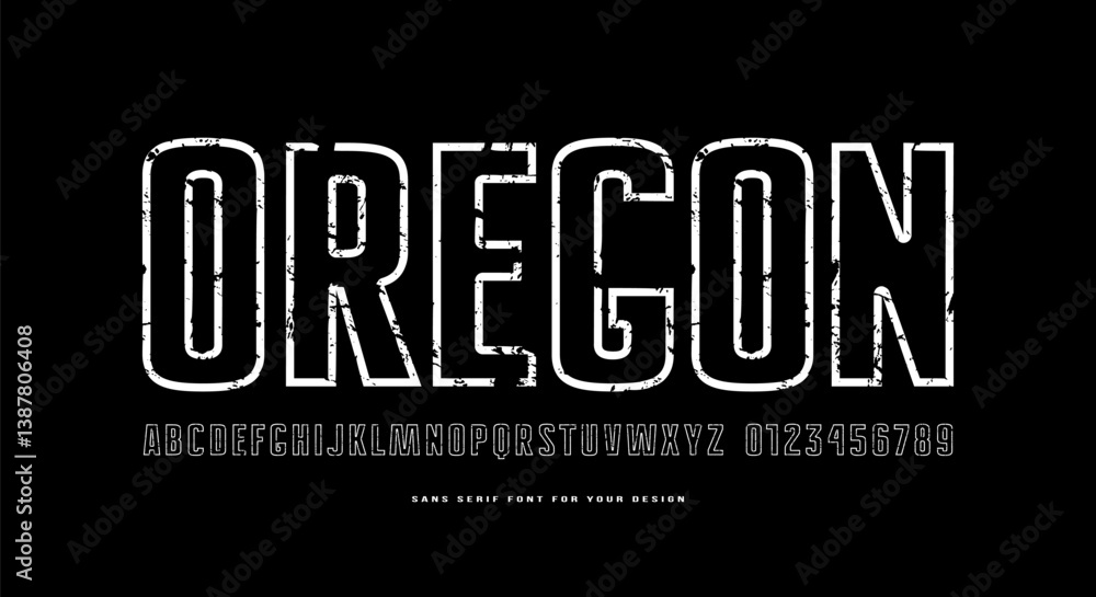 Fototapete hollow sans serif font. letters and numbers with rough texture for logo and emblem design. white pri