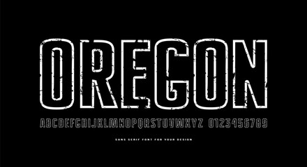 Hollow sans serif font. Letters and numbers with rough texture for logo and emblem design. White print on black background