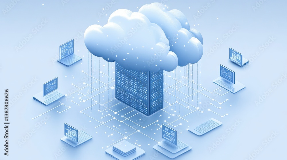 Aufkleber Cloud computing network concept; data server with multiple devices connected.