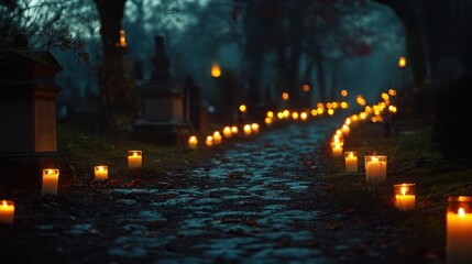 Candlelit Path Through Cemetery Grounds Under Misty Evening Lighting Ambiance