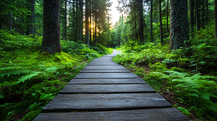 Fototapeta premium wooden pathway winds through dense, lush forest, surrounded by tall trees and vibrant green foliage, creating serene and tranquil atmosphere. Sunlight filters through canopy