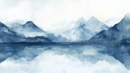 serene landscape featuring watercolor painting of mountains and calm lake, reflecting soft hues of blue and gray. tranquil scene evokes sense of peace and natural beauty