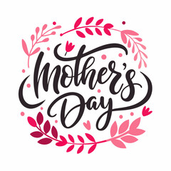 Happy mothers day calligraphy, floral text on white background