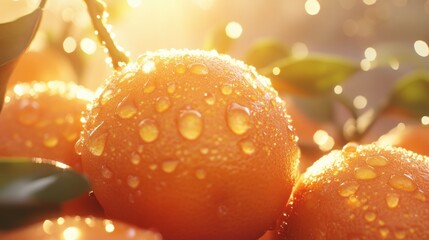 Fresh, dewy oranges glisten in warm sunlight, showcasing their vibrant color and texture, surrounded by leaves.