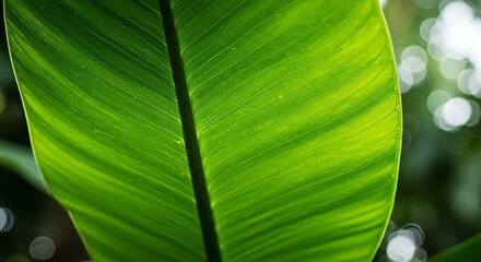 Close-up Green Leaf Texture with Veins and Blurred Background Beauty