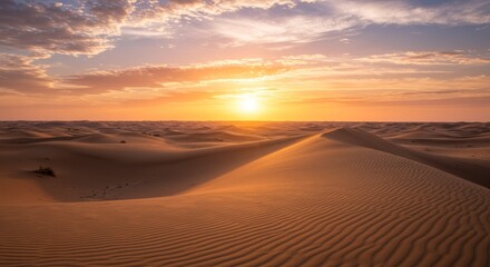 Desert Sand Dunes Landscape at Sunrise with Warm Light and Clouds