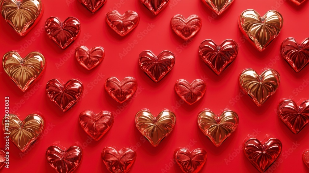 Poster red and gold heart pattern on red background.