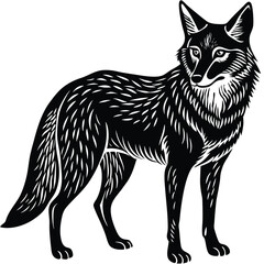 Cunning coyote lurks a prey, hen vector silhouette illustration isolated on white. Smart animal predator. Jackal hunting hen chicken behind back. Farm chantry poultry in danger. Scary domestic bird.