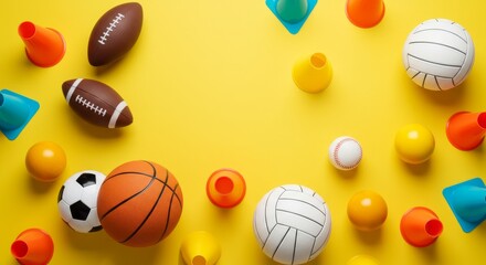 Various Sports Balls and Training Cones Arranged on Bright Yellow Background
