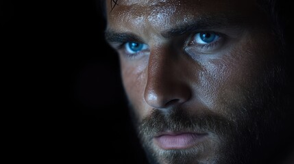 Obraz premium Intense male portrait with piercing blue eyes and sweat-dampened skin