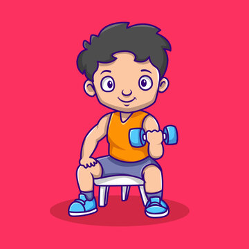 Cute cartoon character of a man sitting and lifting dumbbells