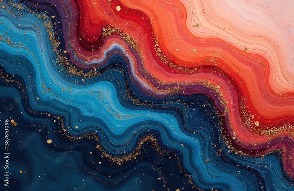 Poster abstract marble background features fluid art. swirls of vibrant colors including blue red gold, cre