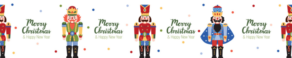 Nutcracker. Cute Christmas gorizontal border. Christmas colorful motifs.