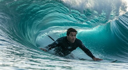 Surfer riding wave barrel in ocean action sports lifestyle shot