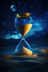 hourglass stands elegantly on sandy surface, filled with golden sand, under starry night sky. moon glows softly, creating serene and contemplative atmosphere