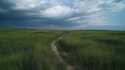 Obraz premium Path through a grassy field under a stormy sky