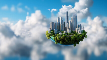 futuristic floating island city with sleek skyscrapers and lush greenery hovers amidst fluffy clouds, creating utopian vision of urban living