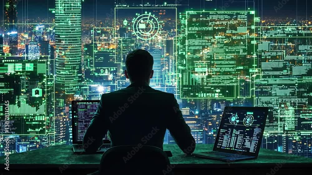 Poster exploring big data in a futuristic city environment generative ai
