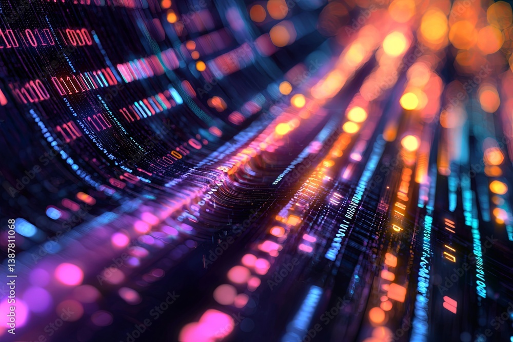 Poster a symphony of binary digits zipped through a digital data stream, forming a mesmerizing dance of lig