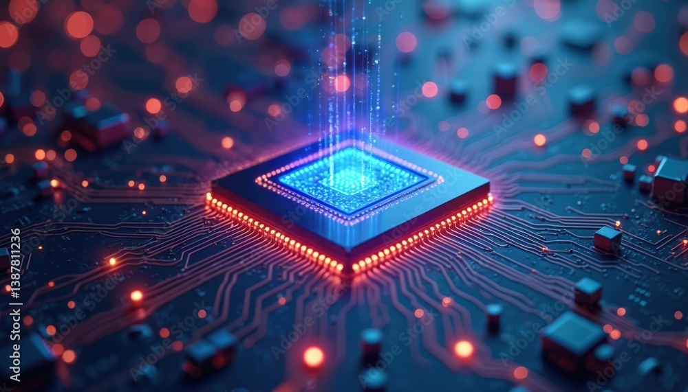 Leinwandbilder microchip center, vibrant glowing data streams, highlight tech, computing advancements. circuit boar