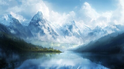 Fototapeta premium Snow covered mountains and their reflection above still blue water