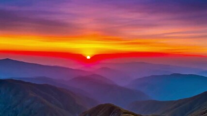  4K time-lapse of a sunset over a mountain range, capturing the sun's descent and the sky painted in stunning hues of orange, red, purple, and fading twilight. - Powered by Adobe