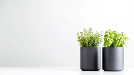 Fototapeta premium Two potted herbs sit on a white surface against a white background. The dark gray cylindrical pots contain thyme and basil. The image is well-lit, high-resolution, and minimalist in style. Muted gr