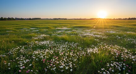 Sunset Over Wildflower Meadow with Green Grass and Warm Golden Light