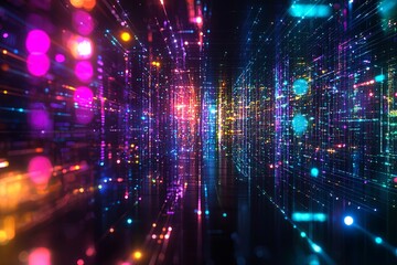 Obraz premium Shimmers of light, like vibrant jewels, encase data within quantum encryption shields, their colors morphing to reflect the intensity of real-time threats detected within