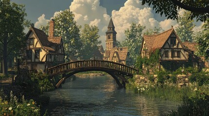 Naklejka premium A charming wooden bridge crossing a slow-moving river in a quaint village --ar 16:9 --v 6.1 Job ID: fc8d98a8-85d0-41f9-9cce-9fa4c0ca44f1