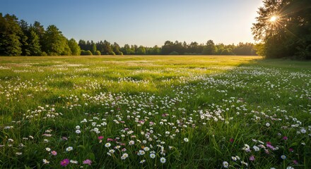 Walking through field of daisies bathed in warm sunlight in spring