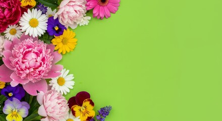 Floral Arrangement of Peonies, Daisies, Pansies on Green Background Layout