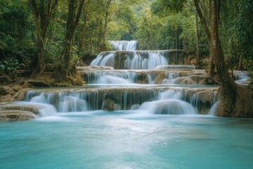 Obraz premium A beautiful cascade of water flows through the lush green forest