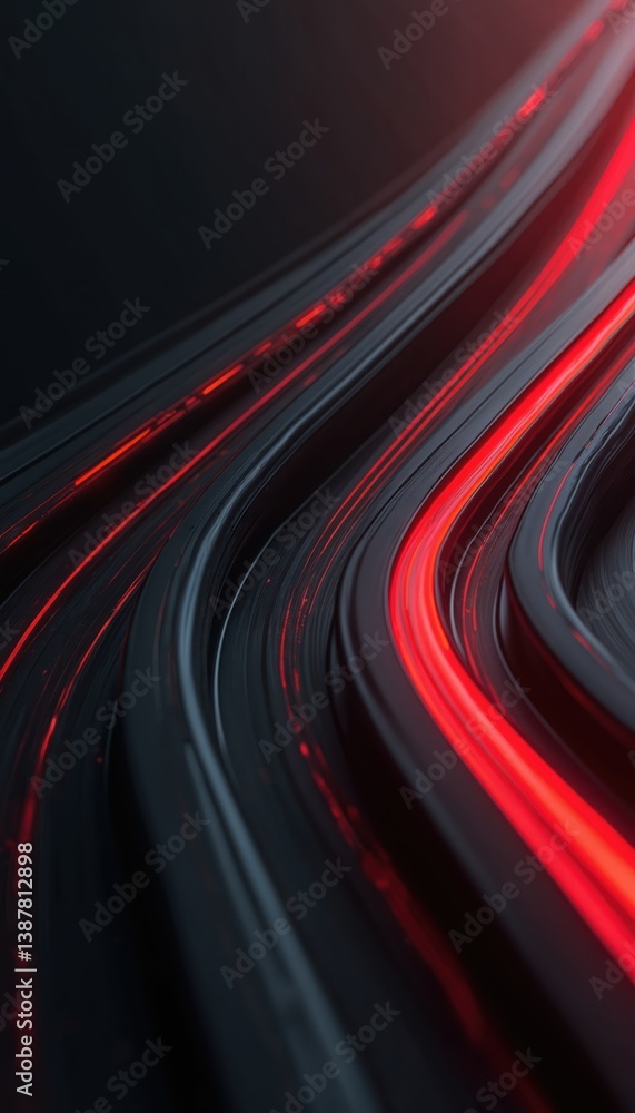 Poster abstract image features flowing black lines accented with red. creates motion depth effect. modern d