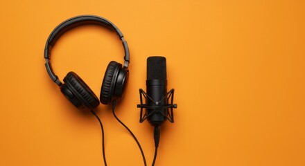 Black Microphone and Headphones on Orange Background for Podcast Recording