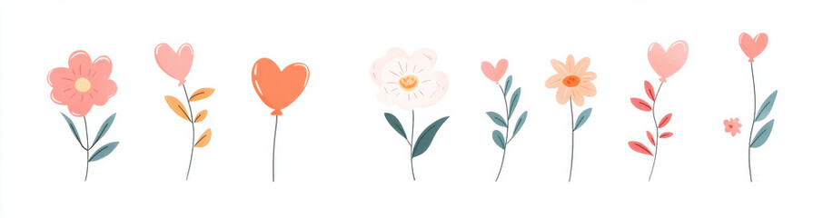 Colorful illustration of cute flowers and hearts, showcasing variety of shapes and colors that evoke cheerful and playful atmosphere. Perfect for design projects