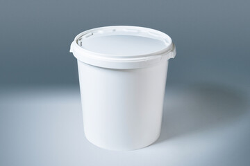 Large white plastic bucket made of polypropylene (PP) with a sealed lid, designed for food storage, industrial use, or transporting bulk materials.