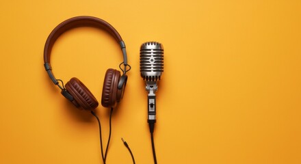 Microphone and Headphones on Yellow Background Ideal for Podcasting Setup